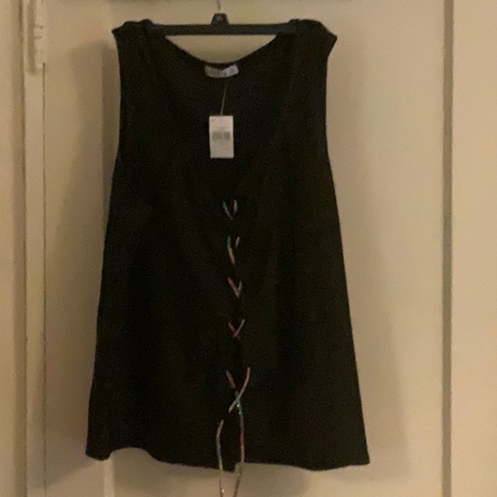 Dressy Black top with a multicolor metal lace